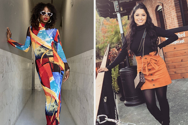 On left, model wears mesh colorful bodycon dress. On right, reviewer wears black turtleneck with an orange tie-waist skirt