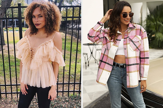 On the left, a reviewer in a tulle top. On the right, a model in a pink shacket