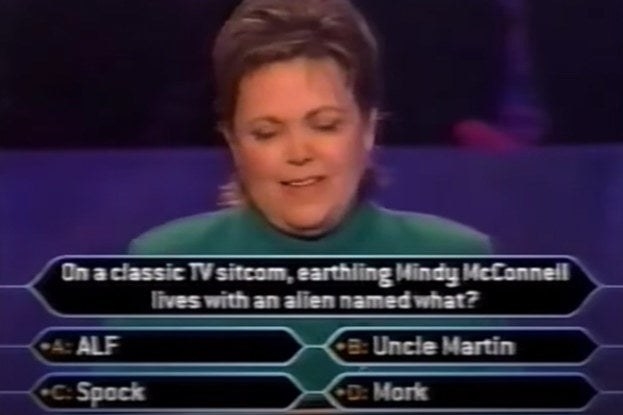 Nancy Christy answering the question &quot;On a classic TV sitcom, earthling Mindy McConnell lives with an alien named what?&quot; 