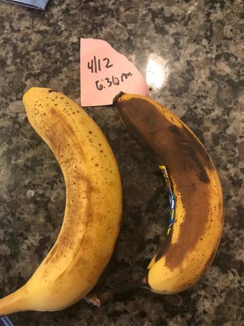 reviewer's before and after photo showing banana kept in storage bag (no spots) and banana that wasn't kept in storage bag (lots of brown spots)