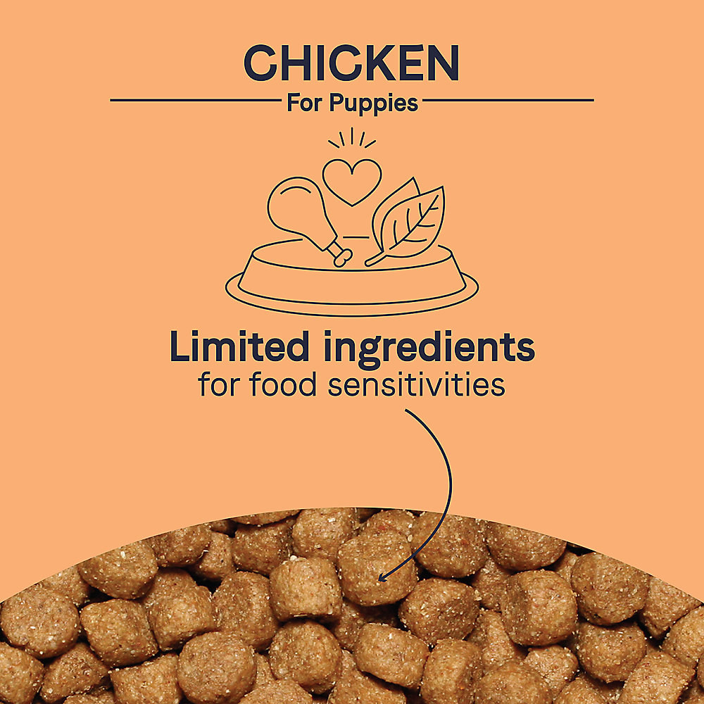 An image of dry dog food with text reading &quot;Chicken for puppies. Limited ingredients for food sensitivities&quot; 