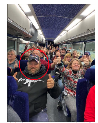 Aungst and others give two thumbs-up to the camera on the bus to Trump&#x27;s rally