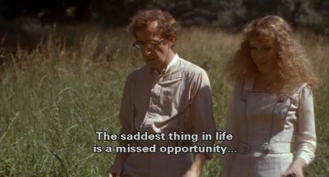 Mia Farrow and Woody Allen&#x27;s characters walking through a field 