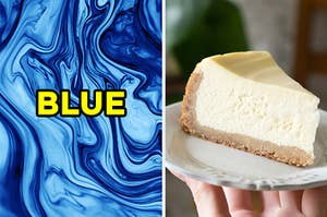 On the left, an abstract pattern labeled "blue," and on the right, a New York-style cheesecake