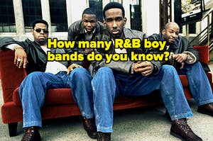 Boyz II Men are sitting on a velvet sofa withe matching outfits and a caption: " How many R&B boy bands do you know?"