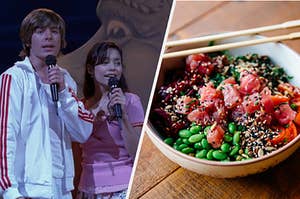 Troy and Gabriella are on the left with a bowl of poke on the right