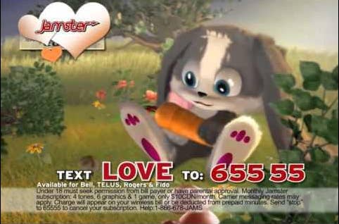 Jamster rabbit holding a rabbit with Text &quot;Love to: 655 55&quot; written below it