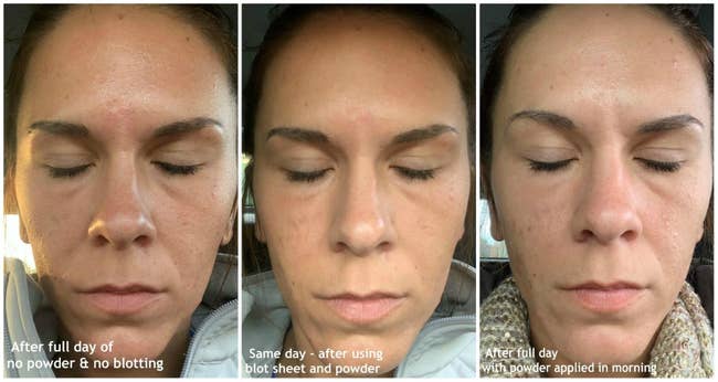 Reviewer progression photos showing that throughout the day their face stayed oil-free