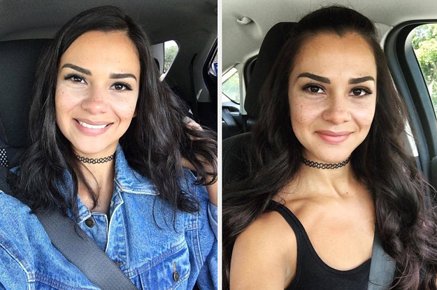 on left, reviewer with shoulder-length brown hair. on right, same reviewer with longer hair, thanks to extensions