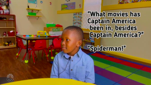 A child being asked &quot;What movie has Captain America been in besides Captain America&quot; and answering, &quot;Spider-Man&quot;