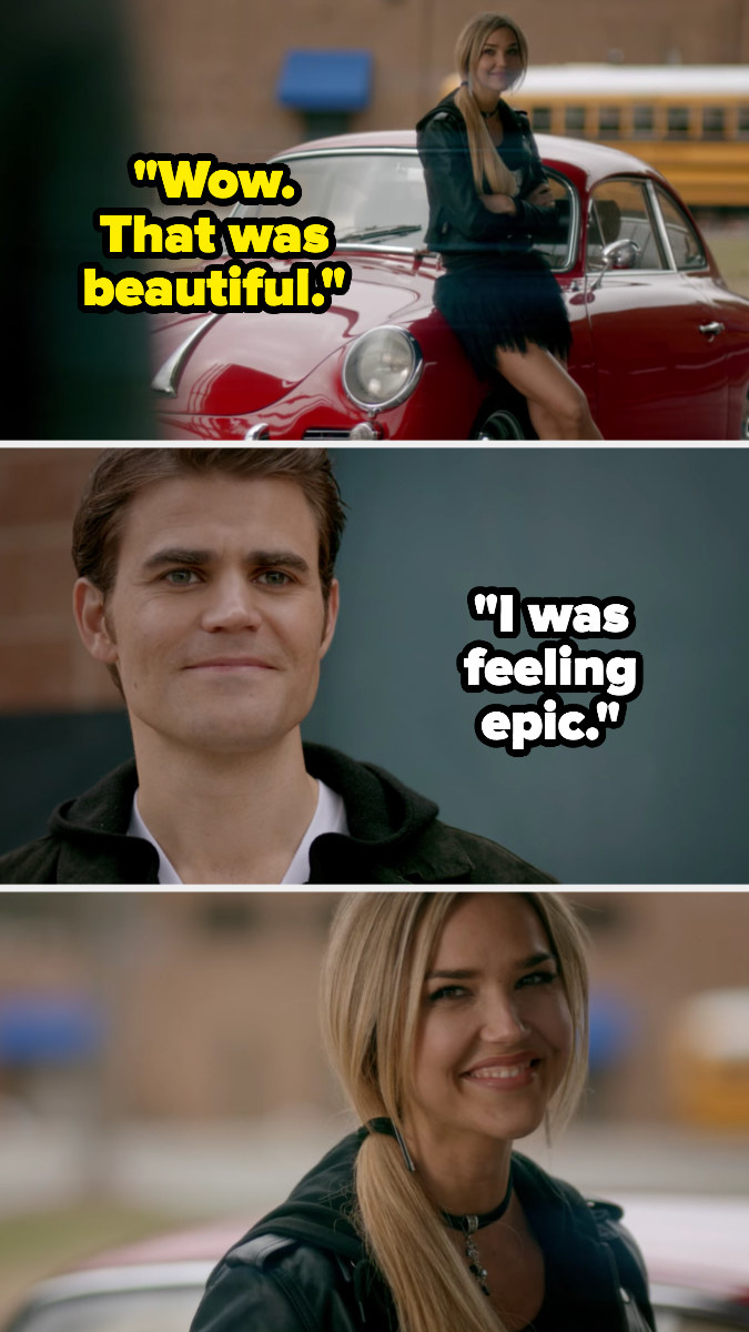 Lexi, standing by Stefan&#x27;s car, says &quot;that was beautiful&quot; and Stefan replies &quot;I was feeling epic&quot;