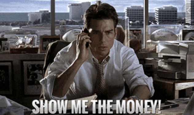 Jerry shouting, "Show me the money!" In Jerry Maguire