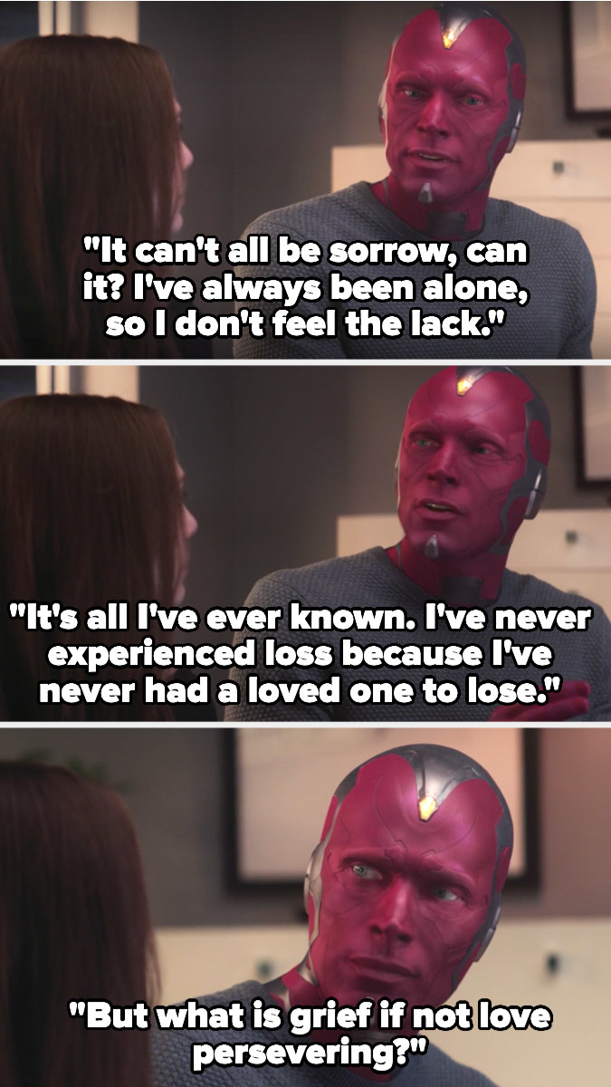 Vision tells Wanda he hasn&#x27;t felt grief because he&#x27;s never had anything to lose, but also says that grief is just love persevering