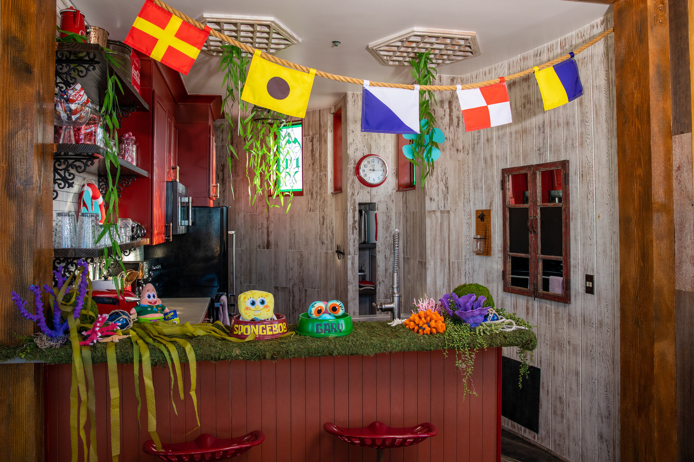 The kitchen which features nautical flags as seen at the Krusty Krab