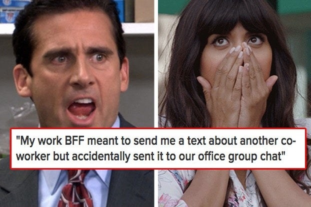 Michael from &quot;The Office&quot; and Tahani from &quot;The Good Place&quot; with the words &quot;My work BFF meant to send me a text about another co-worker but accidentally sent it to our office group chat.&quot; 