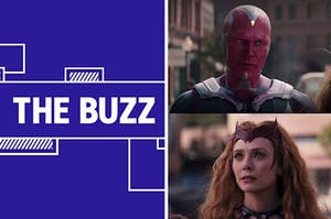 Splitscreen of purple graphic with THE BUZZ in white letters on the left side and a photo of Wanda and Vision from "WandaVision" right side (CREDIT: DISNEY+)