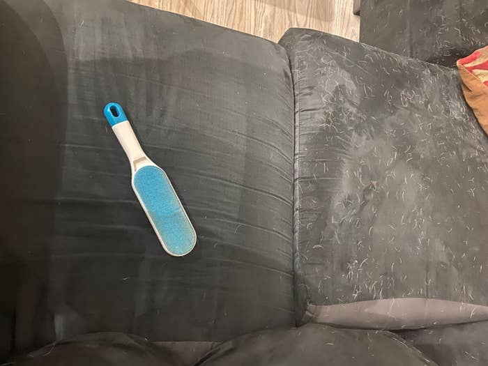 A reviewer demonstrates the brush&#x27;s hair-removal caprice by showing couch cushions side-by-side, one hairy and one hairless thanks to the brush