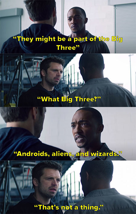 Sam and Bucky humourously discuss whether their enemy is an android, alien, or wizard