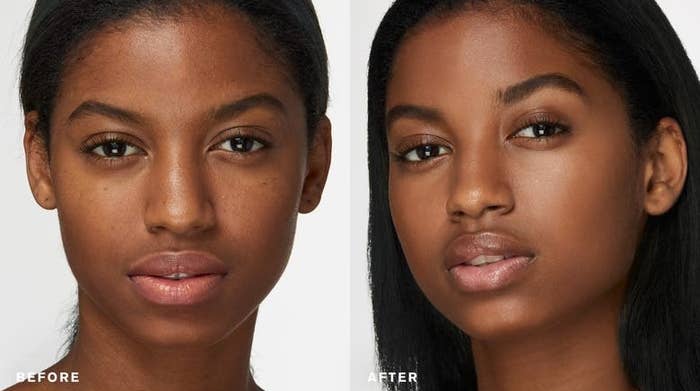 A comparison of a model&#x27;s face before and after putting on the foundation
