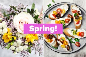 "Spring!" over flowers and crostini