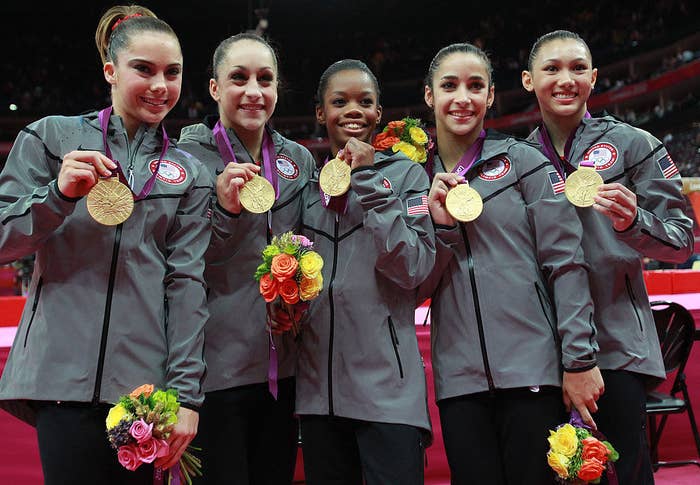 Mc Kayla Maroney, Jordyn Wieber, Gabrielle Douglas, Alexandra Raisman and Kyla Ross of the United States celebrate after winning the gold medal in the Artistic Gymnastics Women&#x27;s Team