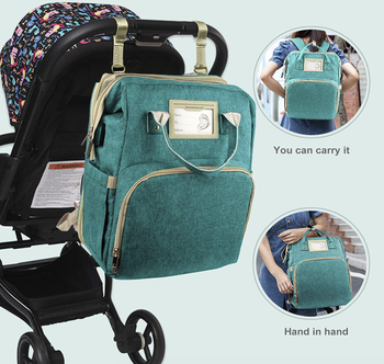 a teal or turquoise backpack hanging from a stroller plus two smaller pictures on it with a model holding it as a tote on their arm and as a backpack