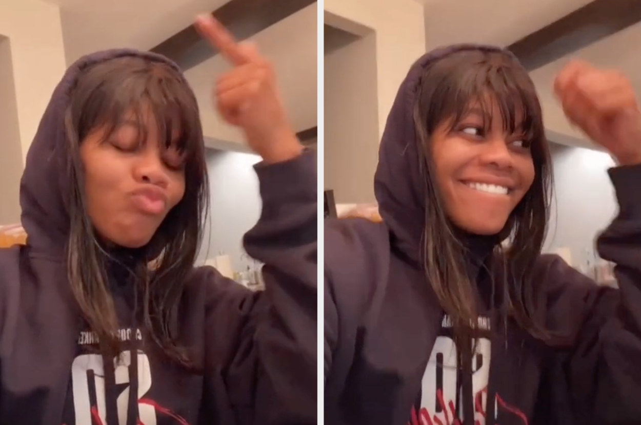 Gabby Douglas laughs along in her TikTok video as she reacts to her dance