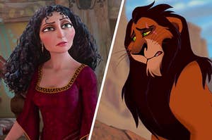On the left, Mother Gothel from "Tangled," and on the right, Scar from "The Lion King"