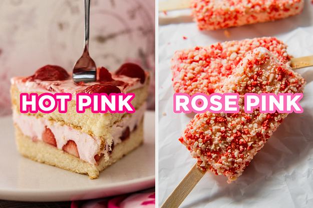 On the left, a strawberry layer cake labeled "hot pink," and on the right, some strawberry shortcake ice cream bars labeled "rose pink"
