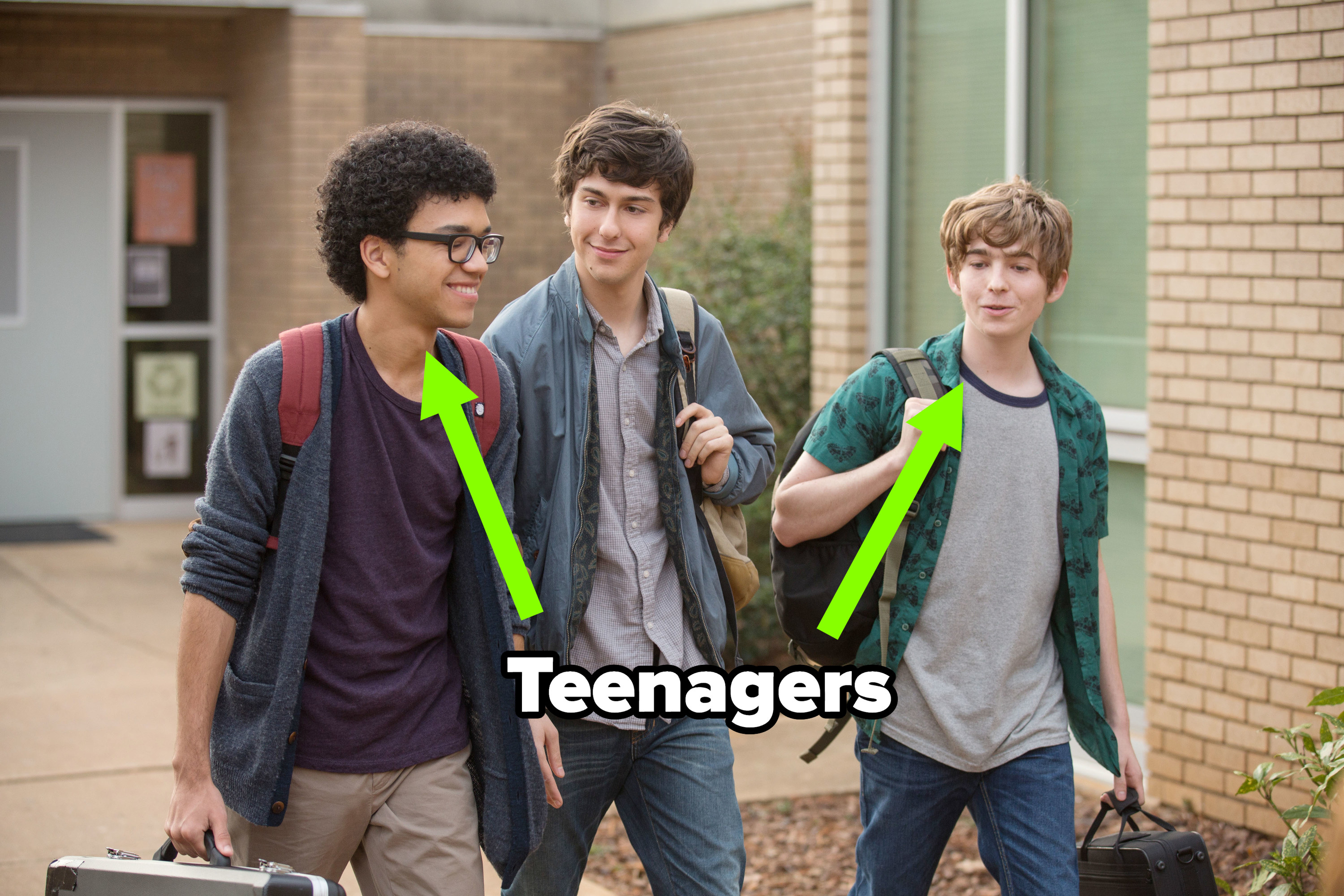 Nat Wolff walking with Austin and Justice in the movie with the latter 2 labeled teenagers