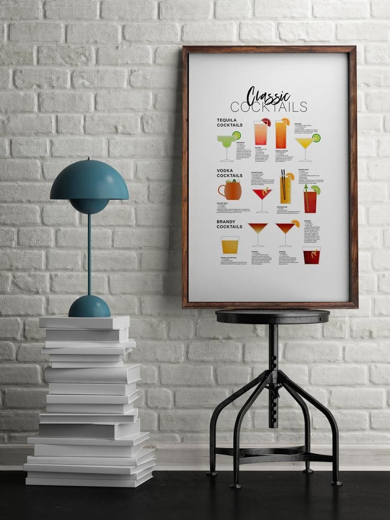 A printable image of illustrated classic cocktails with instructions on how to make them 