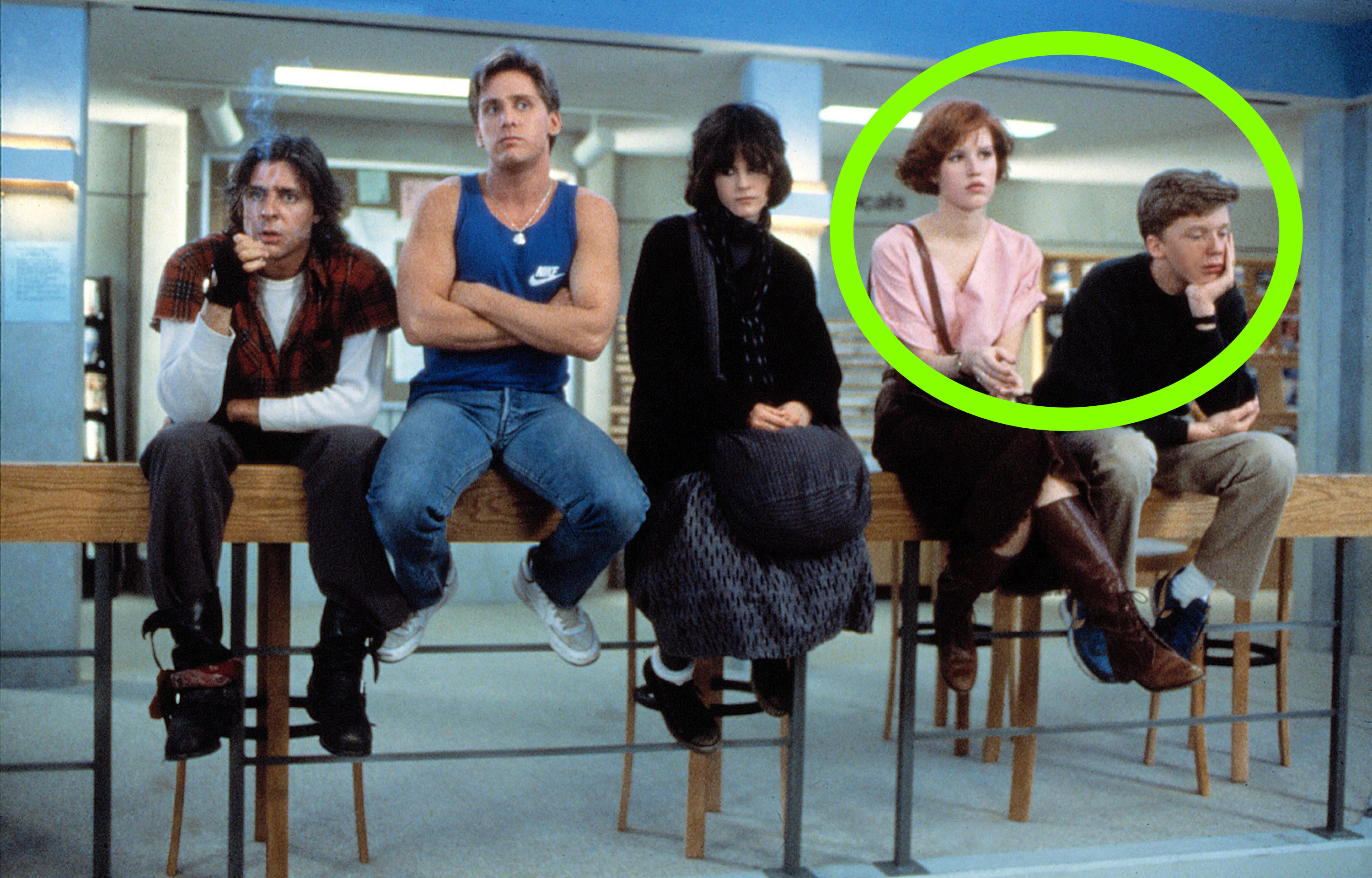 Molly and Anthony circled as everyone sits on the ledge in The Breakfast Club