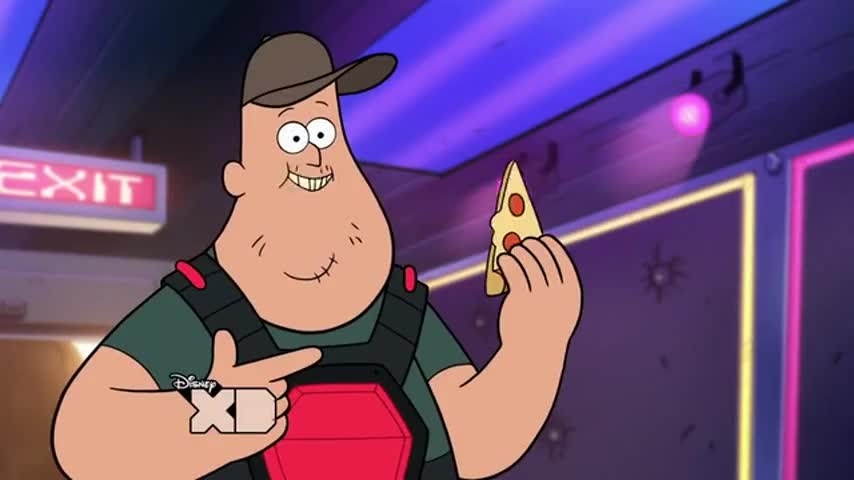 A man pointing at a slice of regenerating pizza