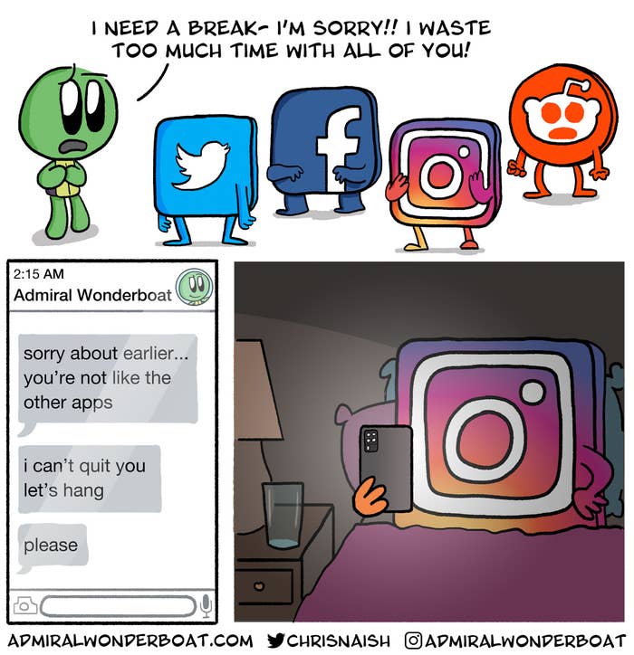 a cartoon turtle takes a break from their social media apps but later texts an anthropomorphized Instagram app that they're sorry and want to hang out again