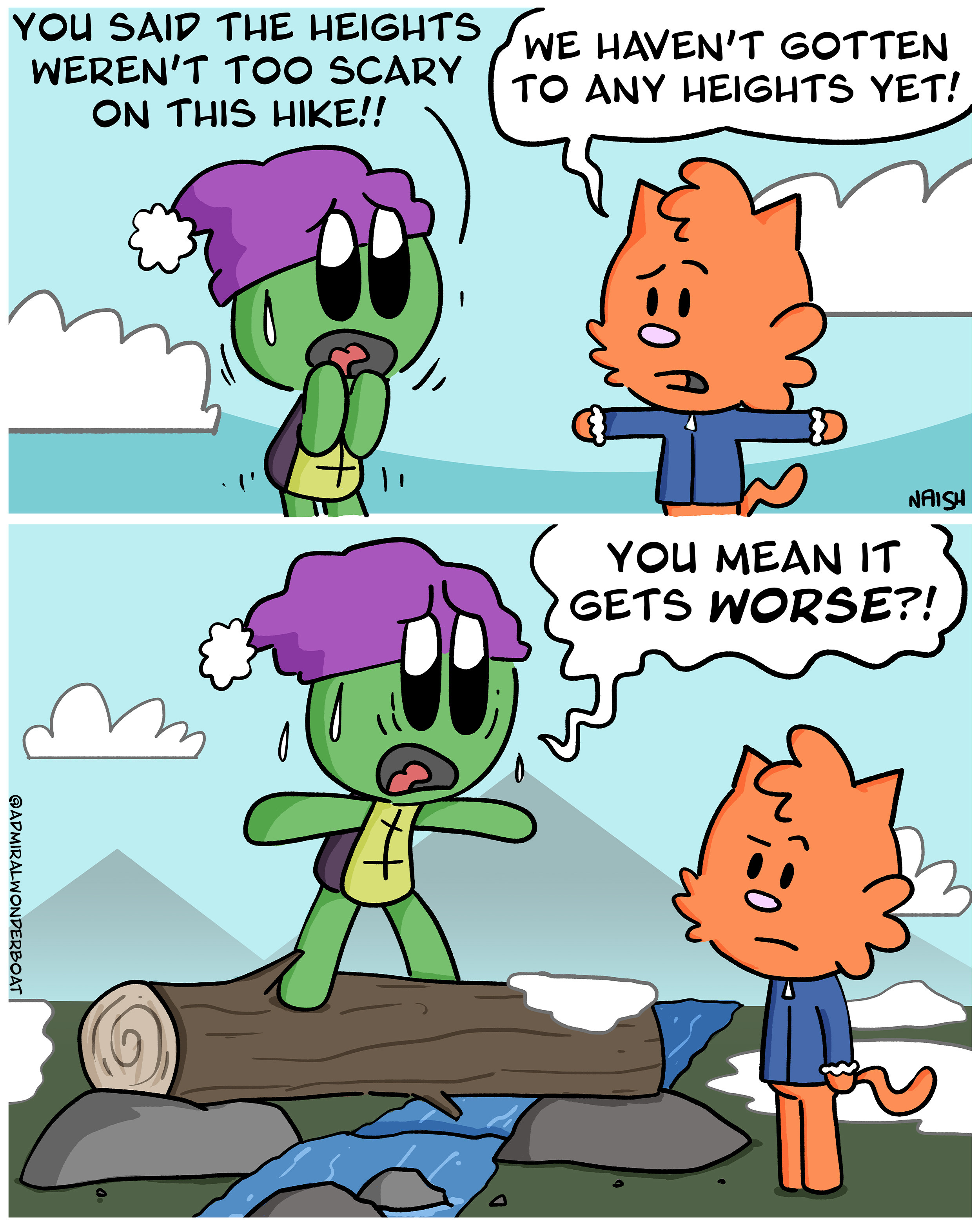 a cartoon turtle having a break down during a hiking trip because they have to stand up on a log and their friend, a cat, informs them that it&#x27;ll only get worse
