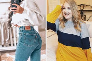 a reviewer wearing Levi's jeans and a reviewer wearing a striped yellow, blue, and gray top