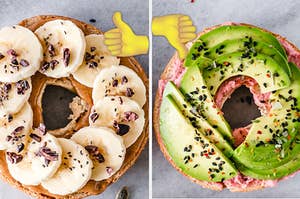 A bagel with peanut butter and banana on it and a bagel with avocado on it.