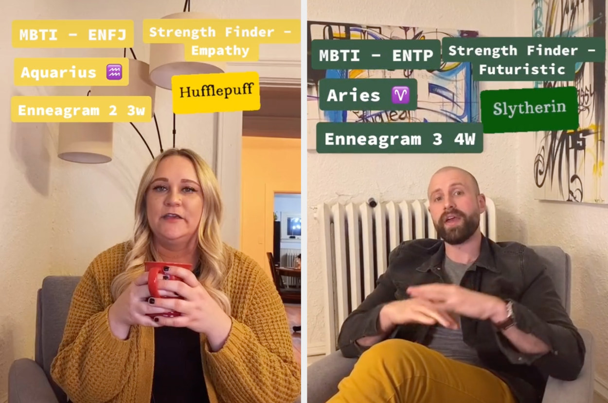 Two people sit on a date listing their Myers-Briggs personality type, astrology signs, Harry Potter houses, and more