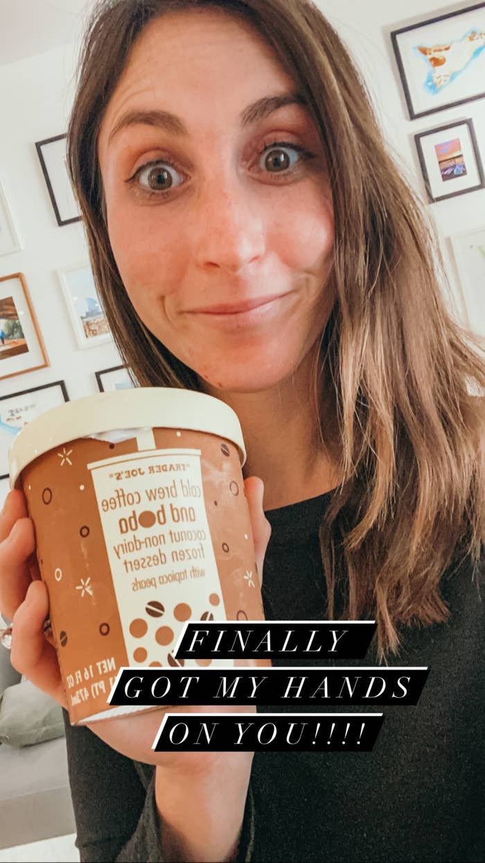 Me, holding a pint of Trader Joe's cold brew boba ice cream.