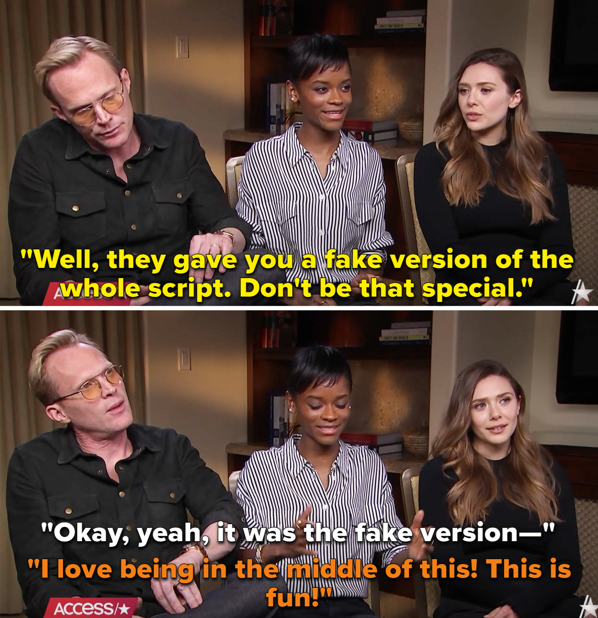 Letitia Wright saying, &quot;I love being in the middle of this! This is fun&quot; while Lizzie and Paul fake argue 