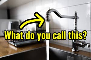 an arrow pointing at a water faucet with water pouring out