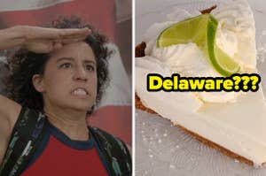 Ilana from Broad City giving a spirited salute in front of an American Flag, and key line pie with the text 