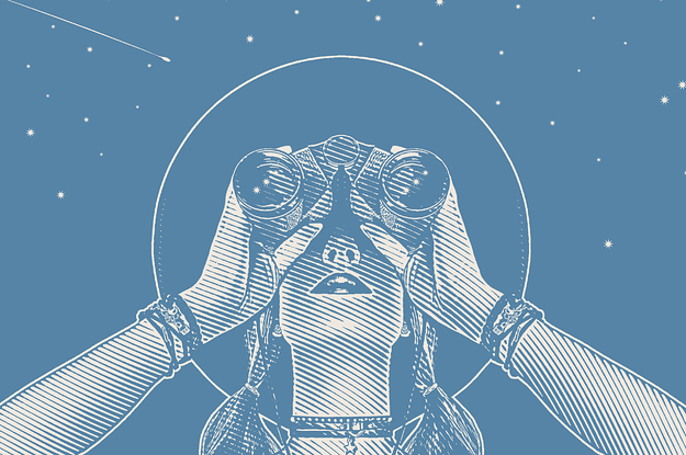 A drawing of a girl with binoculars looking into the night sky full of stars