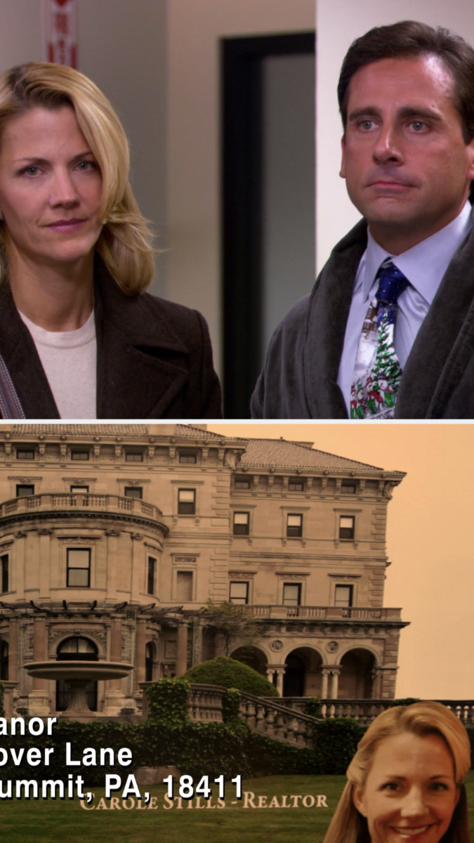 At the bottom of a picture of a large house in &quot;Threat Level Midnight,&quot; it says &quot;Carol Stills - Realtor&quot; with a picture of Carol&#x27;s face