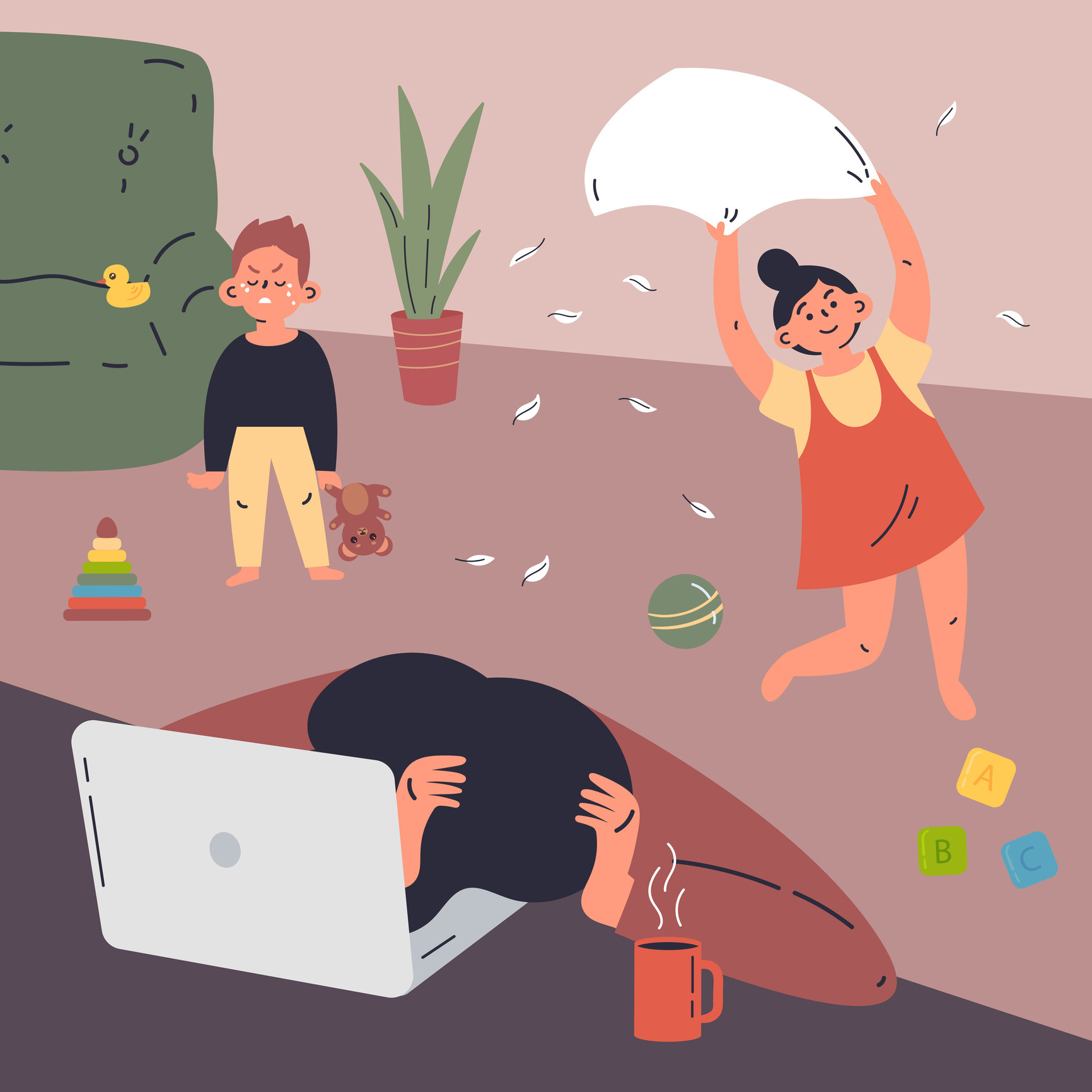 Illustration of kids being wild while a mother is trying to work