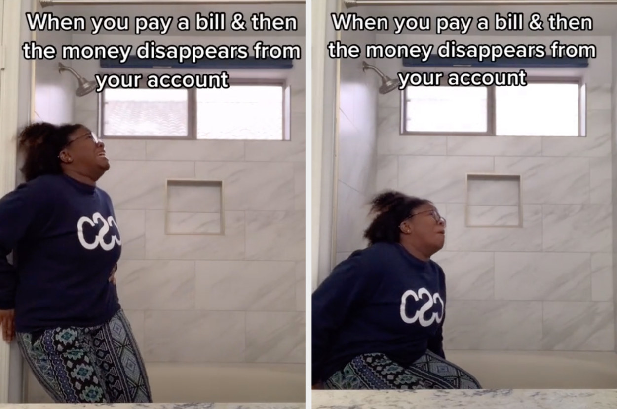 A TikToker pretends to fall to the ground dramatically with the caption: &quot;When you pay a bill and then the money disappears from your account&quot;