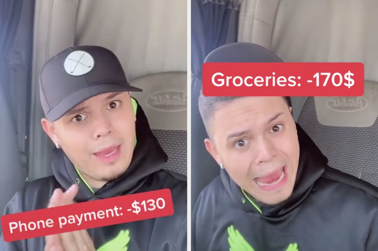 A TikToker looks increasingly distressed with the captions &quot;phone payment: minus $130&quot; and groceries &quot;minus $170&quot;
