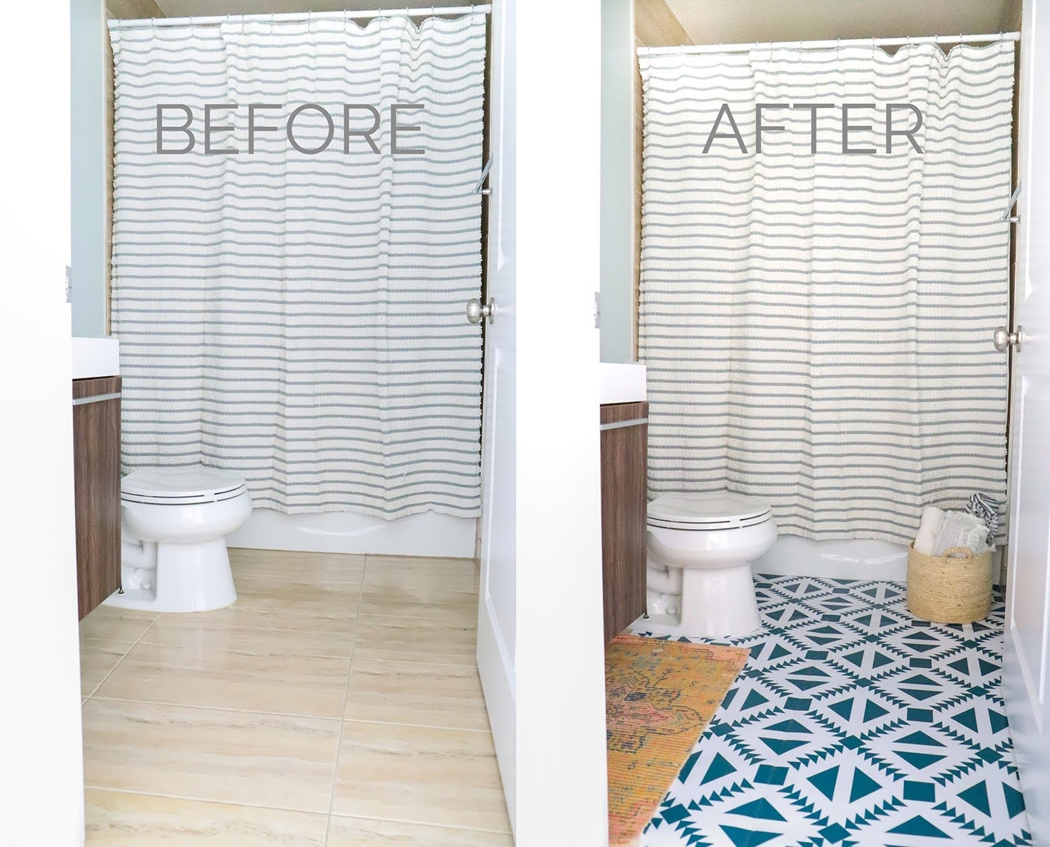 before: tan bathroom floor after: floor with teal and white pattern
