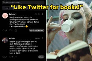 (left) screenshot of the app showing people starting threaded convos; (right) Harley Quinn sips espresso while reading a book; over laid text: "like twitter for books!"