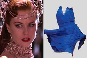 nicole kidman in moulin rouge on the left and a blue halter dress on the right
